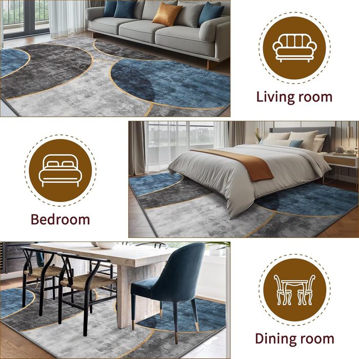 Килимок для вітальні Sour Lemon, великий 160x230 см, машинного прання, бохо-стиль, вінтажний, з антиковзаючою основою, блакитний геометричний дизайн