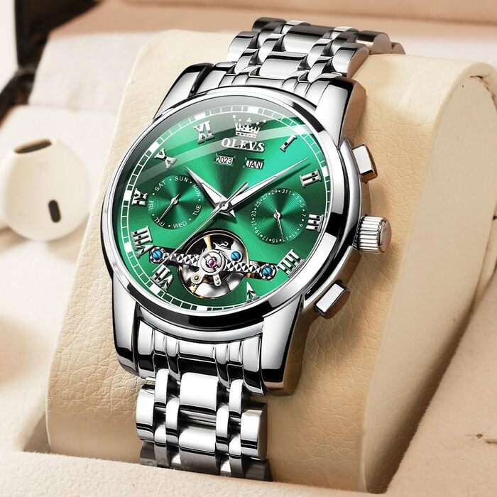 Чоловічий годинник OLEVS Automatik з турбійоном, календарем, чорний, водонепроникний, світлодіодна підсвітка, двоколірний (срібло/зелений)