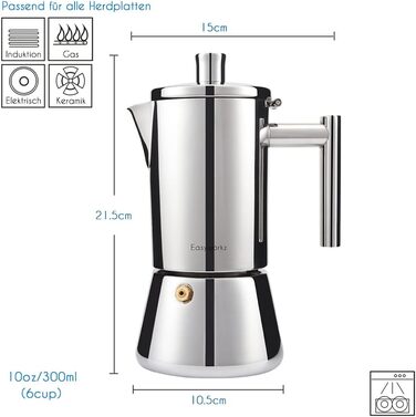 Easyworkz Diego Espresso Maker for Stove, Stainless Steel, Italian Coffee Machine, Moka Pot for 6 Cups, 300 ml Espresso Pot for Induction Silver