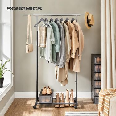 SONGMICS Clothes Rack, Clothes Rail, Coat Stand with Wheels, Load Capacity up to 25 kg, Adjustable, Silver-Black HSR101B01
