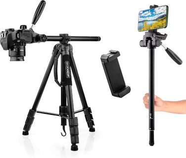 Штатив відео MOJOGEAR 140 см з тримачем для смартфона - штатив для камери, DSLR, телефону, з кульковою головкою, швидкознімною платформою, сумкою, SAB234 (167 см)