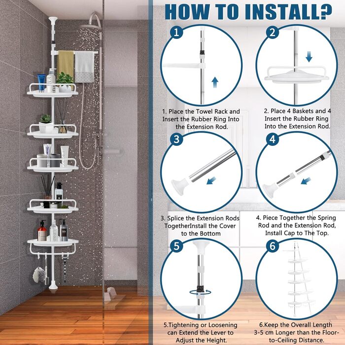 Телескопічна поличка для душу, регульована висота 100-310 см, 5 полиць з 4 гачками та тримачем для рушників, кутова поличка для ванної кімнати без свердління