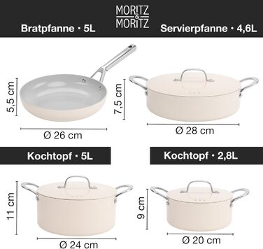 Moritz & Moritz 7-Piece Aluminum Cookware Set with Lids, Induction Compatible, including 2x Sauce Pots with Lids, 1x Serving Pan with Lid, and 1x Induction Frying Pan. Induction Cookware Set for all Cooktops, Cream color.