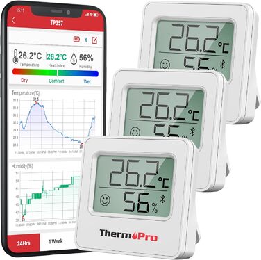 ThermoPro TP357-3 80m Bluetooth Hygrometer Indoor 3-Pack Room Thermometer Digital with APP Mini Humidity Meter with Smiley Indicator Data Graph for Indoor, Office, Wine Cellar, Greenhouse