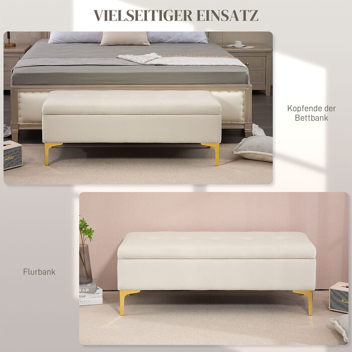 HOMCOM Storage Bench Upholstered Bench Velvet Look Metal Legs Bed Bench for Living Room Bedroom Hallway 120 x 44 x 44.5 cm Beige