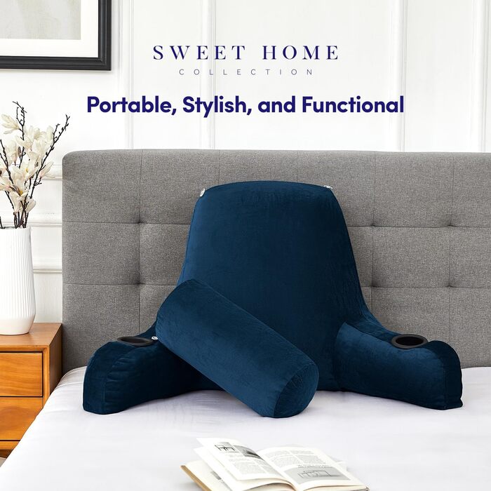 Велике крісло-мішок для читання з підсвічуванням, комфортне та зручне, з підстаканниками, кишенями для зберігання, знімною подушкою для шиї та знімним чохлом, ідеальне для відпочинку, роботи, велике, темно-синій
