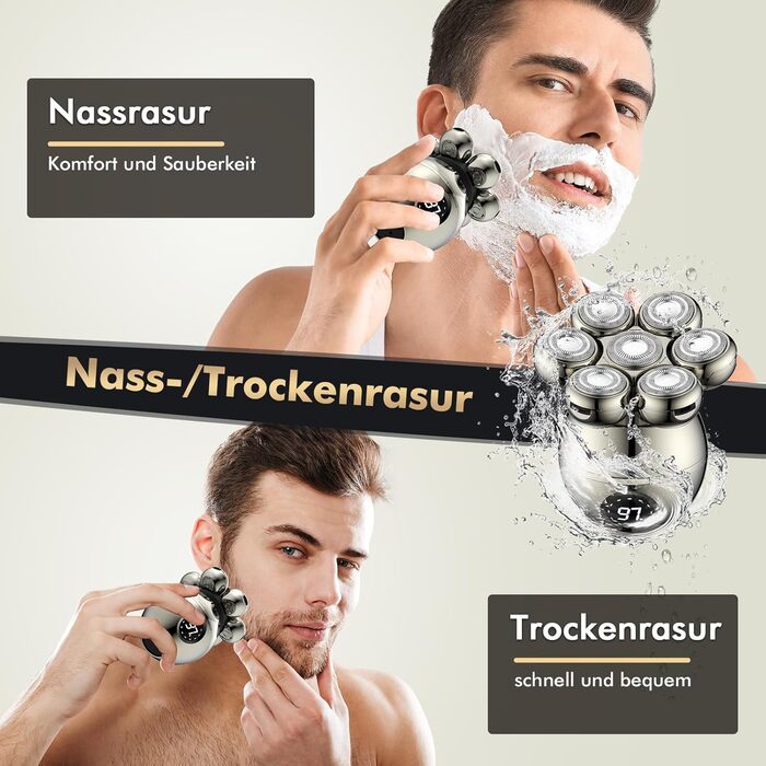 Електричний голєний апарат ETENTOUS Glatzen Rasierer для чоловіків 6-в-1, з 7 ротаційними головками та тримером для бороди, водонепроникний (IPX6), USB-C, для гоління голови та бороди