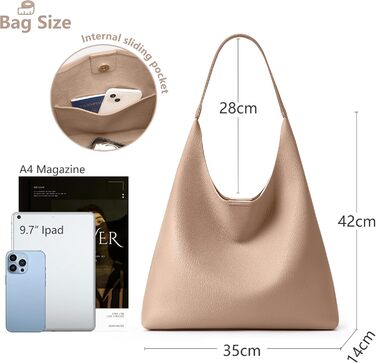Сумка жіноча KALIDI Shopper Hobo з PU шкіри, бежева, для роботи, навчання, повсякдення, з кнопкою
