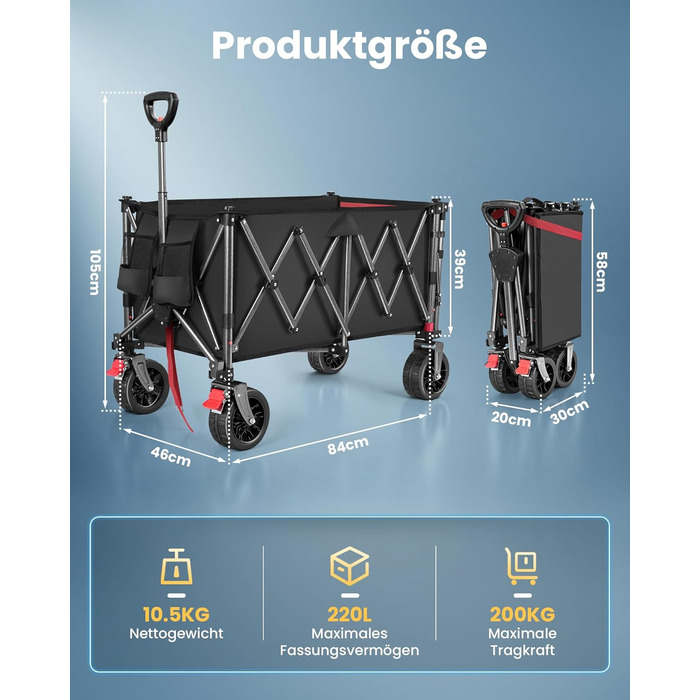 Візок-телега YEAUPE PRO складний 220л, 200кг, чорний - для фестивалів, пляжу, саду, покупок