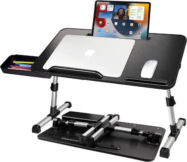 Столик для ноутбука в ліжко, регульований, складний, з ящиком, підставка для планшета (60 x 34 см, чорний)