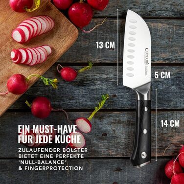 Ніж Cutluxe Santoku 13 см – універсальний ніж для риби, м'яса, суші. Виготовлений з німецької сталі, надзвичайно гострий, ергономічний дизайн