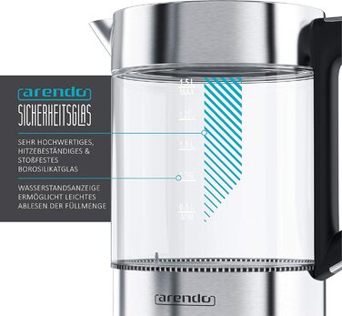 Електричний чайник Arendo з регулюванням температури, підтриманням тепла 30 хв, об'єм 1,5 л, скло Borosilikat, база з нержавіючої сталі, сучасний дизайн