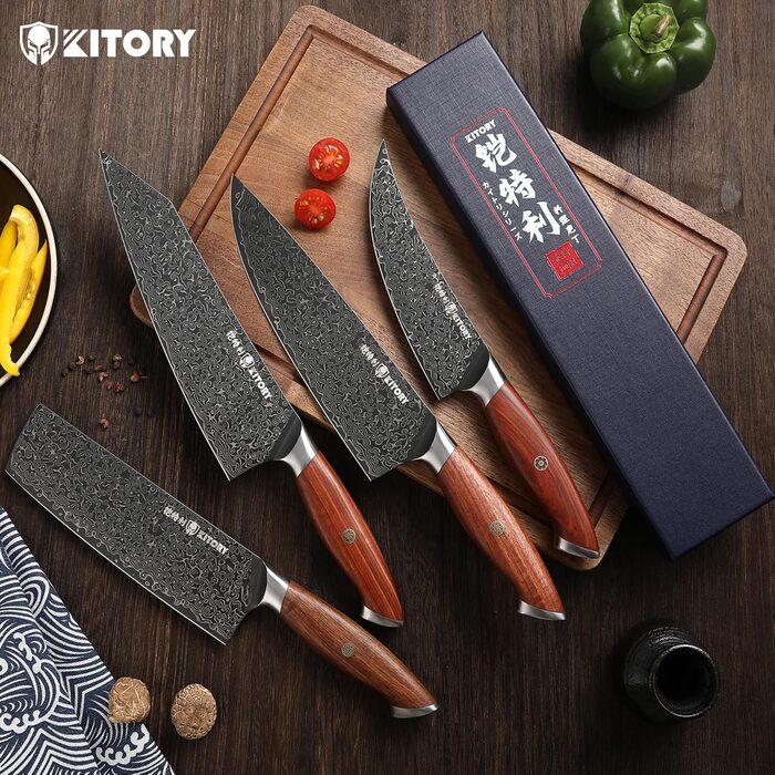 Японський ніж Kitory Kochmesser Kiritsuke з дамаської сталі 21 см (10Cr15CoMoV) з ручкою з червоного сандалового дерева - серія Pro Damast