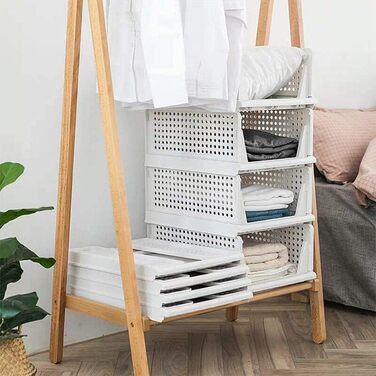 4 Pack Stackable Foldable Closet Storage Box Organizer (Easy Open and Fold), Plastic Closet Shelf Organizer Box, Bedroom, Kitchen (White)