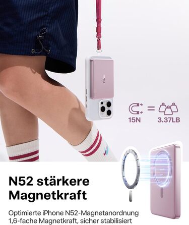 Портативний зарядний пристрій TORRAS MiniMag MagSafe, 10000mAh, 22.5W, з магнітним кріпленням, рожевий. Power Bank для iPhone 17 Pro Max/Air/16/15/14/13/12, Wüsten Titan.