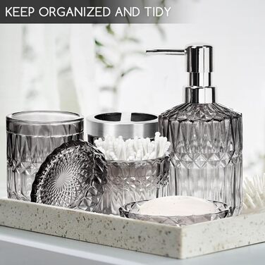 Набір аксесуарів для ванної кімнати 5 предметів: дозатор для мила та лосьйону, склянка для зубних щіток, стаканчик, мильниця, органайзер (чорний/прозорий) - сучасний декор для ванної, кухні, туалетного столика