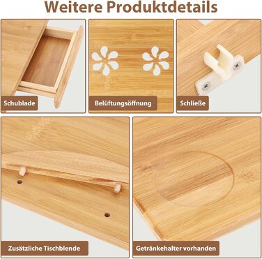 Столик для ноутбука 50x30 см з бамбука з ящиком та вентиляційними отворами | Столик для ліжка, колін