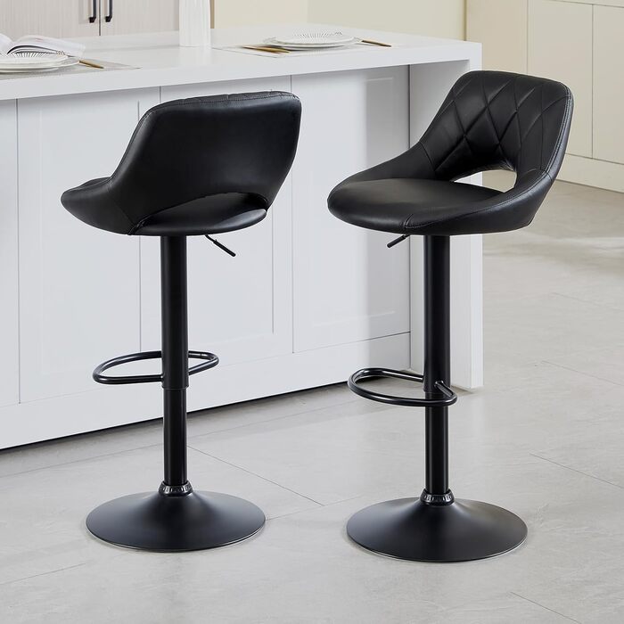 Chummaven 2-Piece Adjustable Bar Stools with Backrest - Faux Leather Kitchen Bar Stools with Chrome Footrest - Padded Barstools for Home Bar, Black