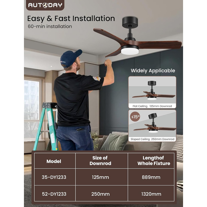 Дерев'яний стельовий вентилятор з підсвіткою, тихий DC-двигун, 90 см, для вулиці, 3 лопаті, диммування LED 24W, пульт з пам'яттю, 6 швидкостей, таймер, текстурована деревина