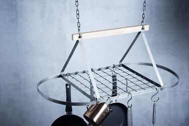 Кухонна підвісна полиця KitchenCraft для каструль, сковорідок і кухонного приладдя, 8 гачків, метал і дерево, 42x18 см, сіра