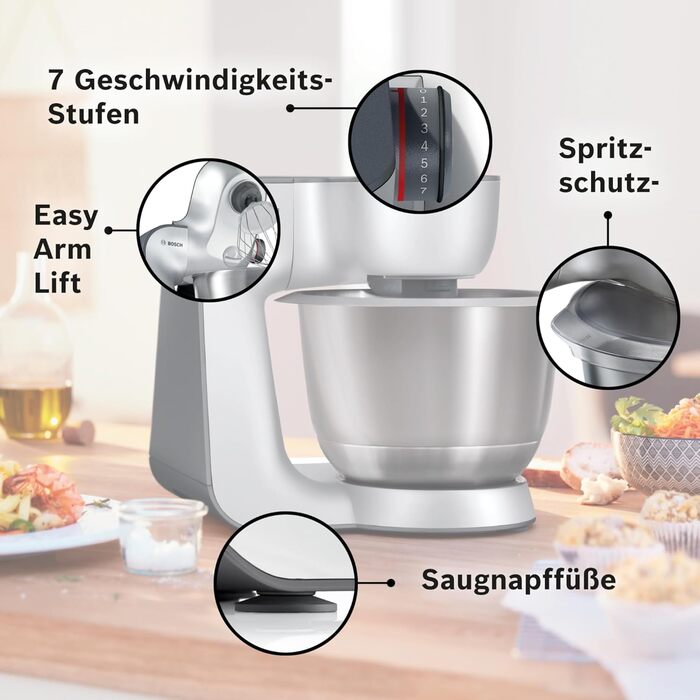 Bosch Kitchen Machine Series 6 MUM56340, 3.9 L Bowl, 1.25 L Mixer, Meat Grinder, Citrus Juicer, Planetary Mixer, Dough Hook, Whisk, Beater, Continuous Slicer, 3 Discs, 900 W, Silver/Grey