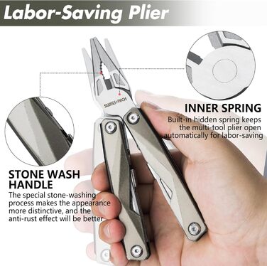 Мультитул Swiss+Tech 16-в-1: мультиінструмент з нержавіючої сталі з ножем, пилкою, ножицями, відкривачкою для пляшок, для кемпінгу, відпочинку на природі, ремонту, з чохлом, вінтажний зелений (ретро-сірий)