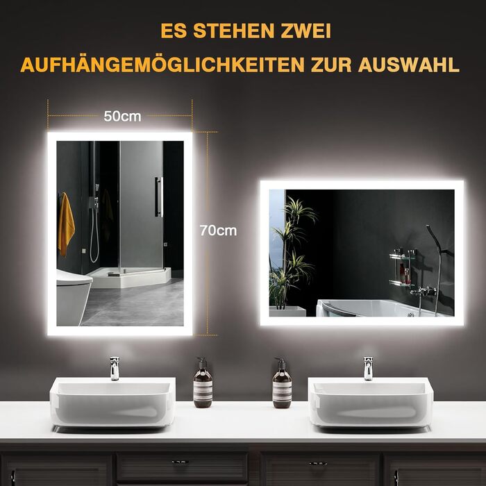 Дзеркало для ванної кімнати з підсвічуванням 50x70 см, LED, антизапар, 2 кольори світла (3000K/6500K), прямокутне, без рами