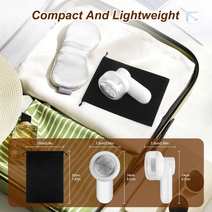 Електричний видалення ворсу ELZO - портативний, бездротовий, з LED-дисплеєм, 3 швидкості, 2 змінні насадки, для одягу, ковдр, білий