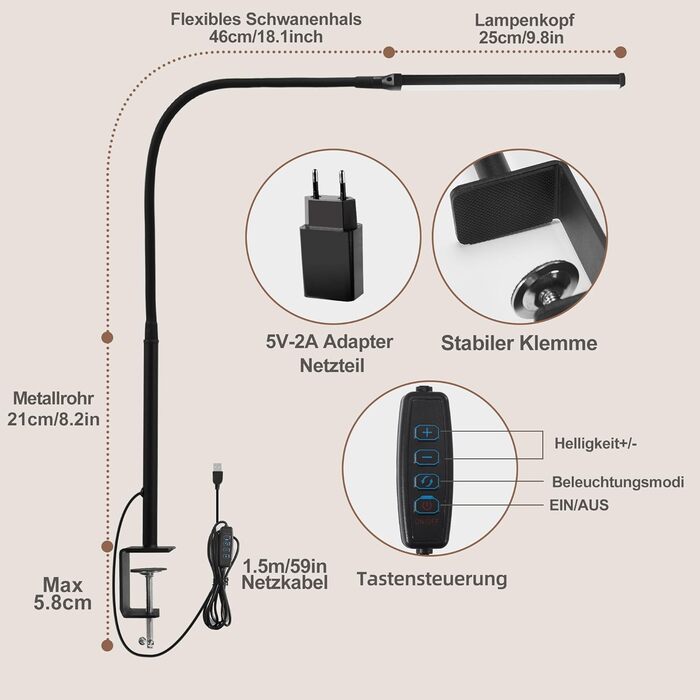 LED лампа для столу з кріпленням, регульована світлодіодна лампа з 3 кольорами та 10 рівнями яскравості, захищає зір, лампа для роботи, чорна