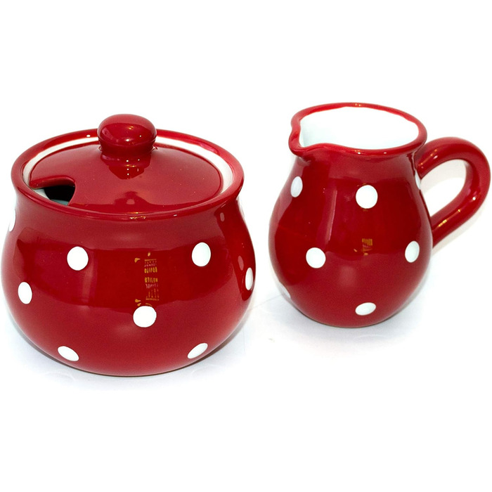 UNGARNIKAT Sugar and Milk Set, Red Milk Jug and Sugar Bowl with Hand-Painted White Dots, Sugar Bowl with Lid, Creamer made of Ceramic, Dishwasher Safe.
