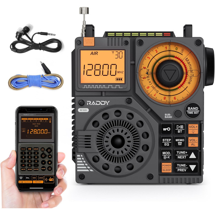Raddy RF320: Портативне радіо Kurzwellenradio з керуванням через додаток, FM/AM/VHF/SW/AIR, підтримка BT/TF-картки, перезаряджуване, з антеною 3м, навушниками, ліхтариком, SOS, сірий