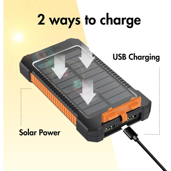 Портативний зарядний пристрій Solar Powerbank 8000 mAh з ліхтариком, чорно-помаранчевий, заряджає 2 пристрої (2x USB Type-A)
