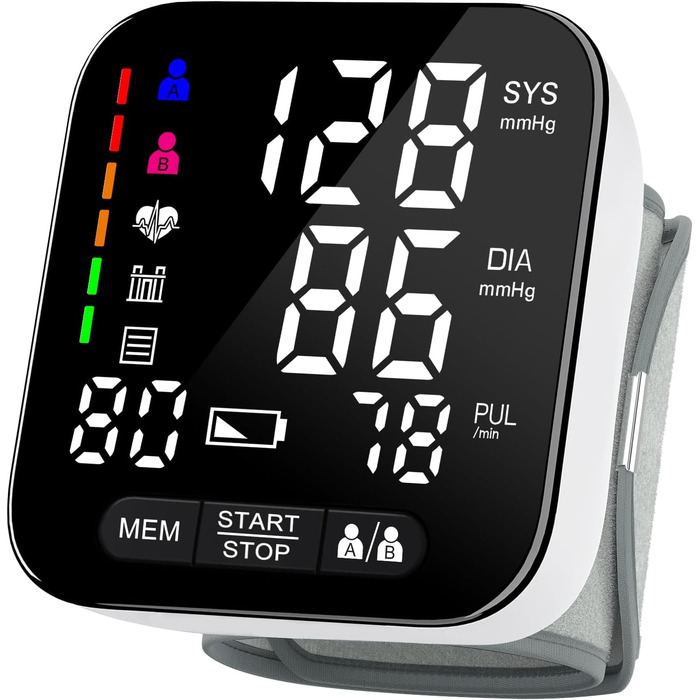 Тонометр на зап'ясті з визначенням аритмії, автоматичний, прецизійний вимір артеріального тиску та пульсу, кольоровий індикатор ризику, 2×99 місць пам'яті, для зап'ясть 13,5-21,5 см