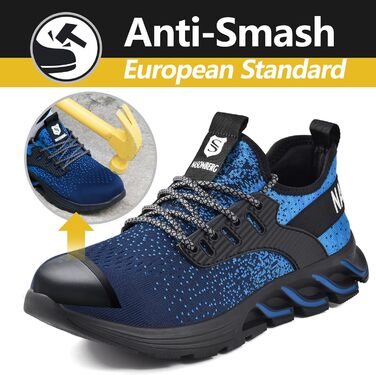 Робочі черевики з металевим носком для чоловіків та жінок. Легкі, дихаючі, розміри 37-48 EU, колір: синій