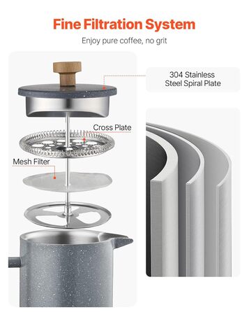 VEVOR Френч-прес для кави, 1 л, нержавіюча сталь, кавова преса, чайник з фільтром, ізольований, для кемпінгу, подорожей, кухні, ресторану, чорний