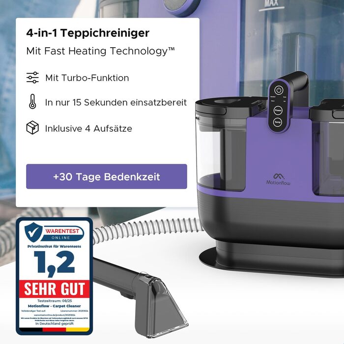 Теперішній мийний пилосос Motionflow з нагрівом - 1200W для килимів, меблів, авто. 4 насадки, самоочищення, 15с нагрів. Чорний