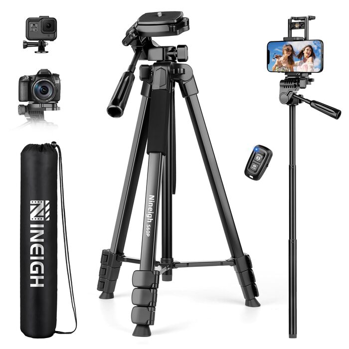 Тринога-штатив Nineigh для смартфона та DSLR камери, алюмінієвий легкий штатив з дистанційним пультом та 3D-головою, висота 211 см, чорний