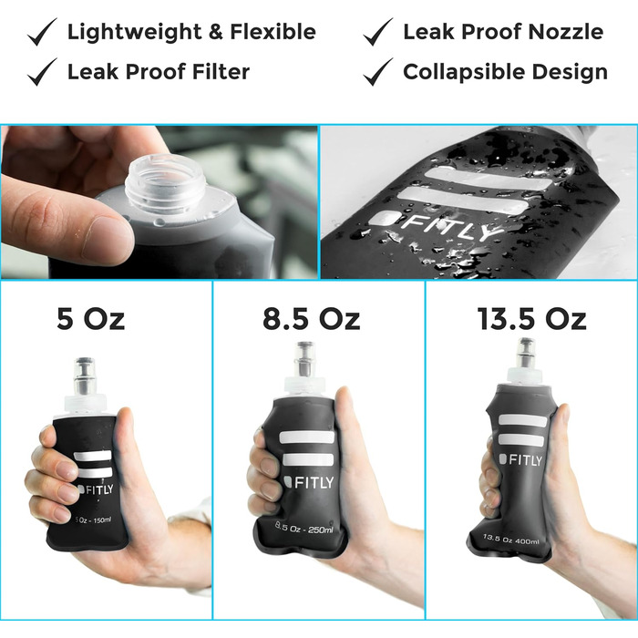 FLASKS Combo – 3 soft drinking bottles for hydration while running, hiking, cycling, climbing – Foldable water bottles (150–250 – 400 ml) – Black