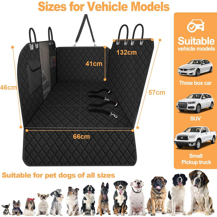 Захисний чохол на заднє сидіння автомобіля для собак, чорний (132x66 см) - водовідштовхувальний, антиковзаючий, з жорсткою основою