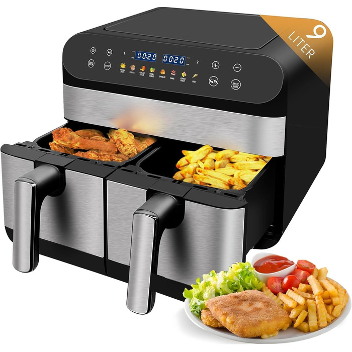 Фритюрниця повітряна Jacgood 9L з 2 кошиками, 1800W, цифрове управління, 8 програм