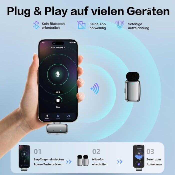 Мікрофон ZealSound Mini Wireless з USB-C/Lightning, для Android/iPhone, з шумозаглушенням, 33h акумулятор, 100м, для Vlogging, TikTok, Podcast, YouTube (M6 Чорний/Срібний)