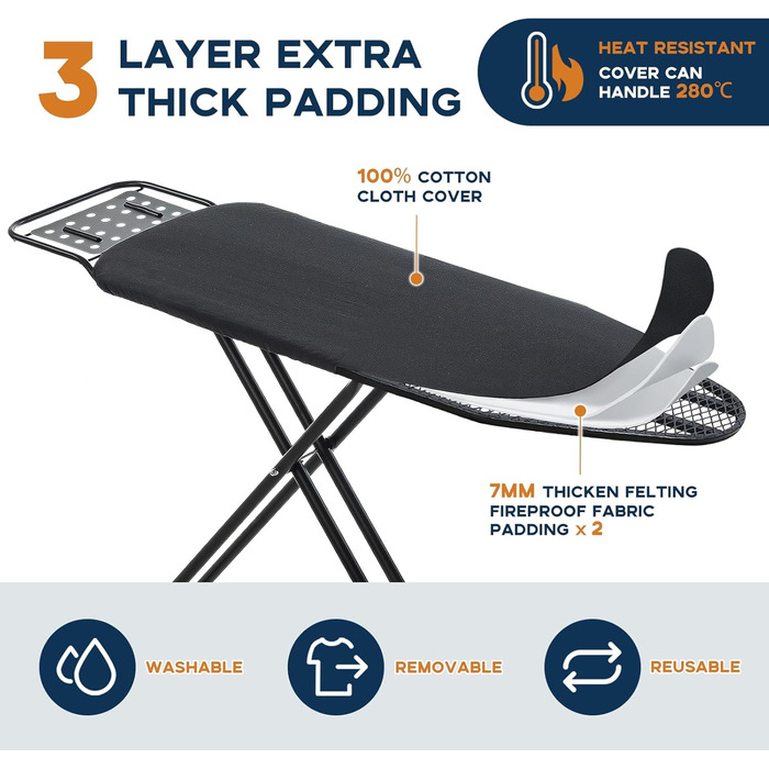Гладильна дошка велика з підставкою для праски, 121×41 см, складна, для парогенератора, регульована по висоті, чорна