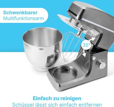 Планетарний міксер Clatronic KM 3765 XXL для випічки, чаша 10л, 1500Вт, тістомішалка з насадками та захистом від бризок (Титан)