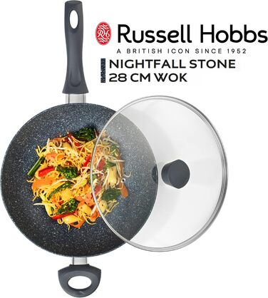 Сковорода Russell Hobbs RH00840EU7 з антипригарним покриттям, 20 см, для приготування омлетів, індукційна, з бакелітовою ручкою, з нержавіючої сталі, Nightfall Stone (вок 28 см з кришкою)