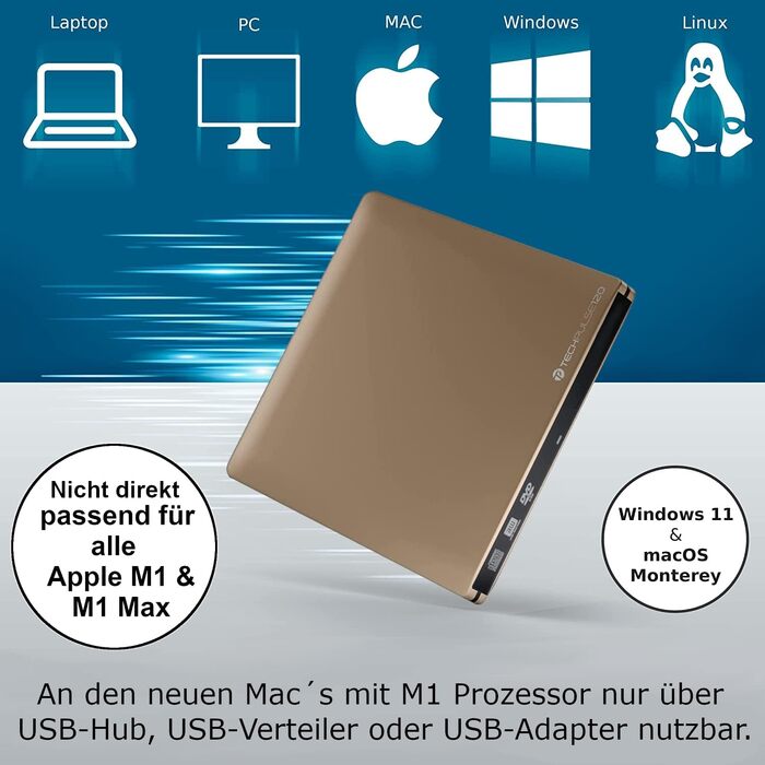Зовнішній USB 3.0 DVD/CD привід techPulse120, портативний CDRW/DVDRW плеєр та записник для ноутбука, ПК та Ultrabook, Slim Drive, колір: золото (алюміній)