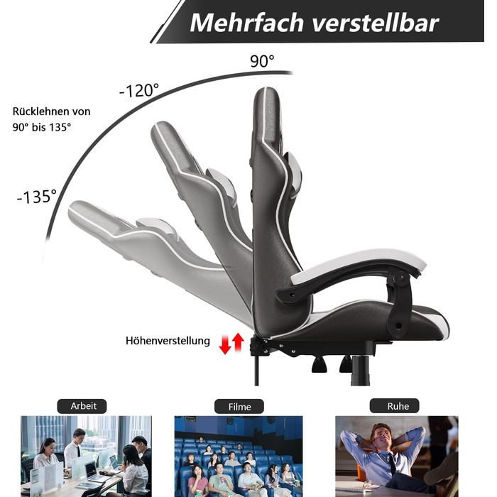 Геймерське крісло Racingreat Ergonomic: регульоване, PU-шкіра, з підголівником, для дітей, підлітків та дорослих, кремово-біле