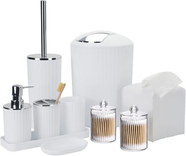Набір аксесуарів для ванної кімнати, 10 предметів: сміттєвий бак, тримач для зубних щіток, мильниця, дозатор мила, тримач для унітазного йоржика, контейнер для ватних паличок, кришка для серветок (білий)