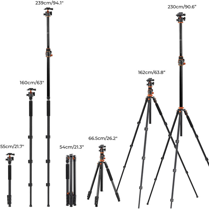 Штатив K&F Concept T254A7+BH-28L для камери, 230 см, з кульковою головкою, 10 кг, для зовнішньої та внутрішньої зйомки