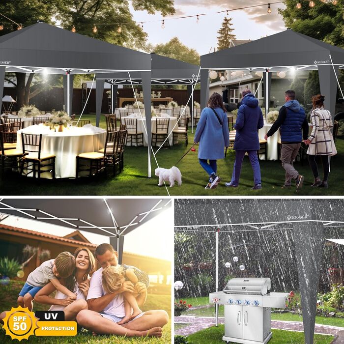 KESSER® Gazebo Folding Gazebo Lighting | Pop-Up Garden Gazebo Height Adjustable, Stable, Waterproof, Winterproof | Party Tent Event Tent UV Protection 50+ incl. Remote Control & Bag (3x3m with LED, Anthracit)