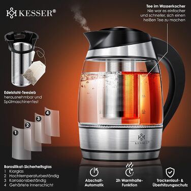 Електричний чайник KESSER 1,8 л із нержавіючої сталі та підсвіткою LED, зміна кольору залежно від температури (60–100°C), скляний корпус, з ситечком для чаю та фільтром від накипу, функція підтримки тепла